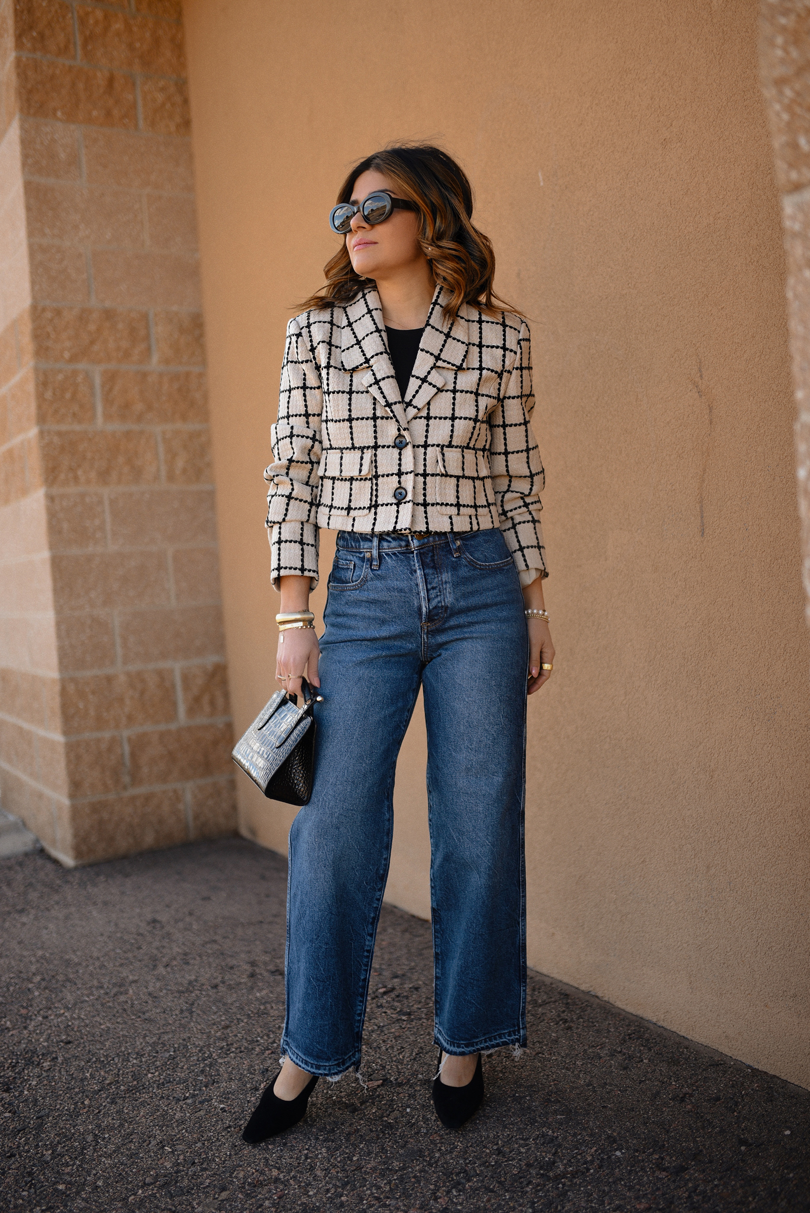 Carolina Hellal of Chic Talk wearing a plaid cropped blazer via Shopbop, Express jeans, Strathberry Leather Tote and Celine sunglasses