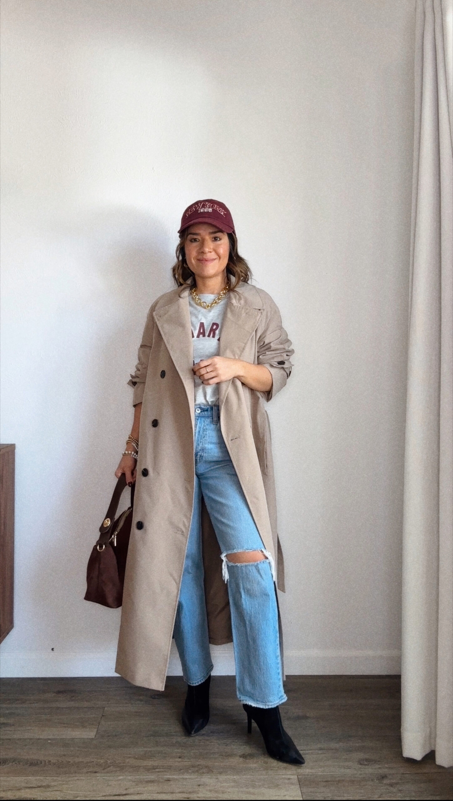 Carolina Hellal of Chic Talk wearing a Madewell jean, H&M sweater, cap and trench coat, Nordstrom boots and Amazon brown handbag