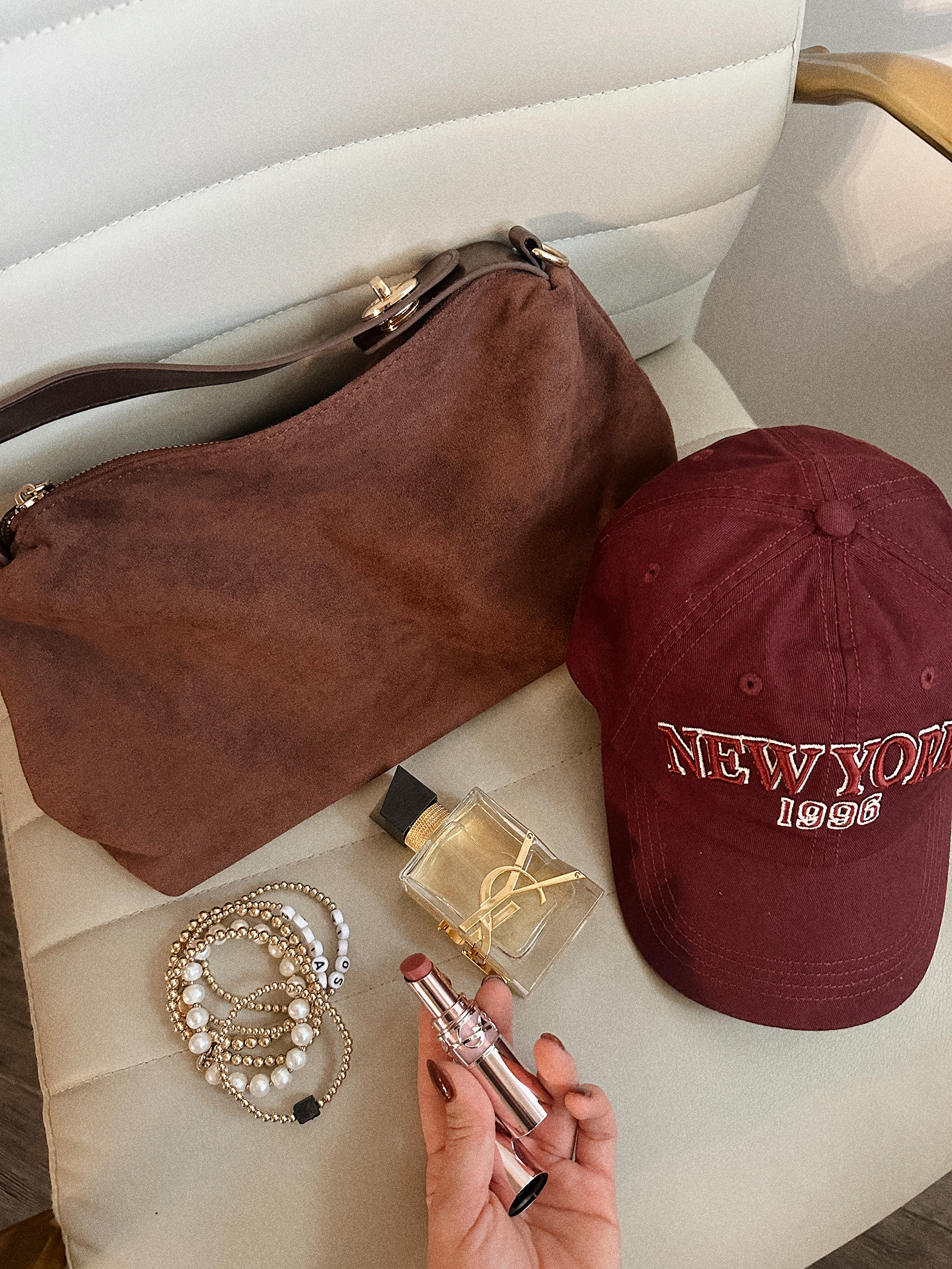 THINGS I’M LOVING RIGHT NOW - CHIC TALK - AMAZON BROWN HANDBAG, H&M CAP AND YVES SAINT LAURENT BUTTER BALM AND EAU DE PARFUM